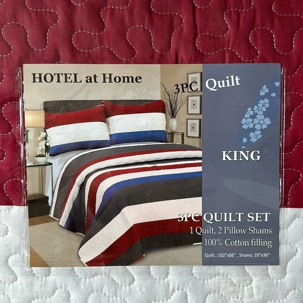 Hotel at home King 3pc Quilt set Red White and Blue Stripes